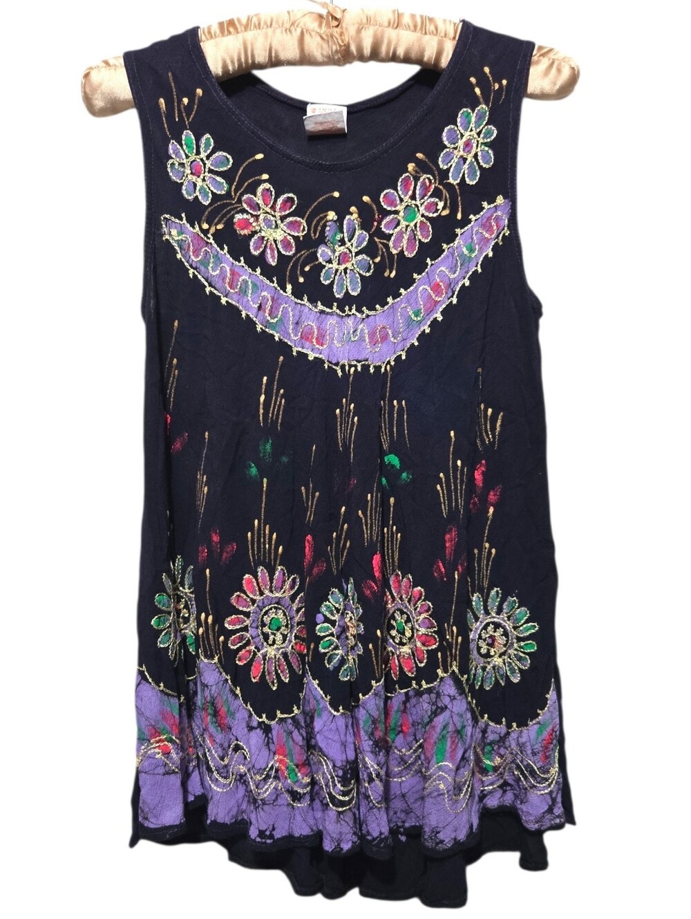Anjli Hand-Painted Floral Embroidered Tunic Tank Boho Black Tank Top Artsy Lrg